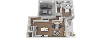a 3d rendering of a floor plan with two cars and a balcony