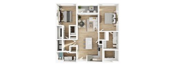 A top-down view of a modern apartment layout.