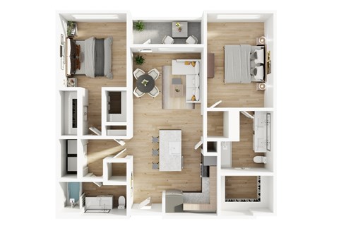 A top-down view of a modern apartment layout.