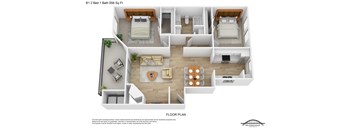 A floor plan of a one bedroom apartment with a living room, kitchen, and bathroom.
