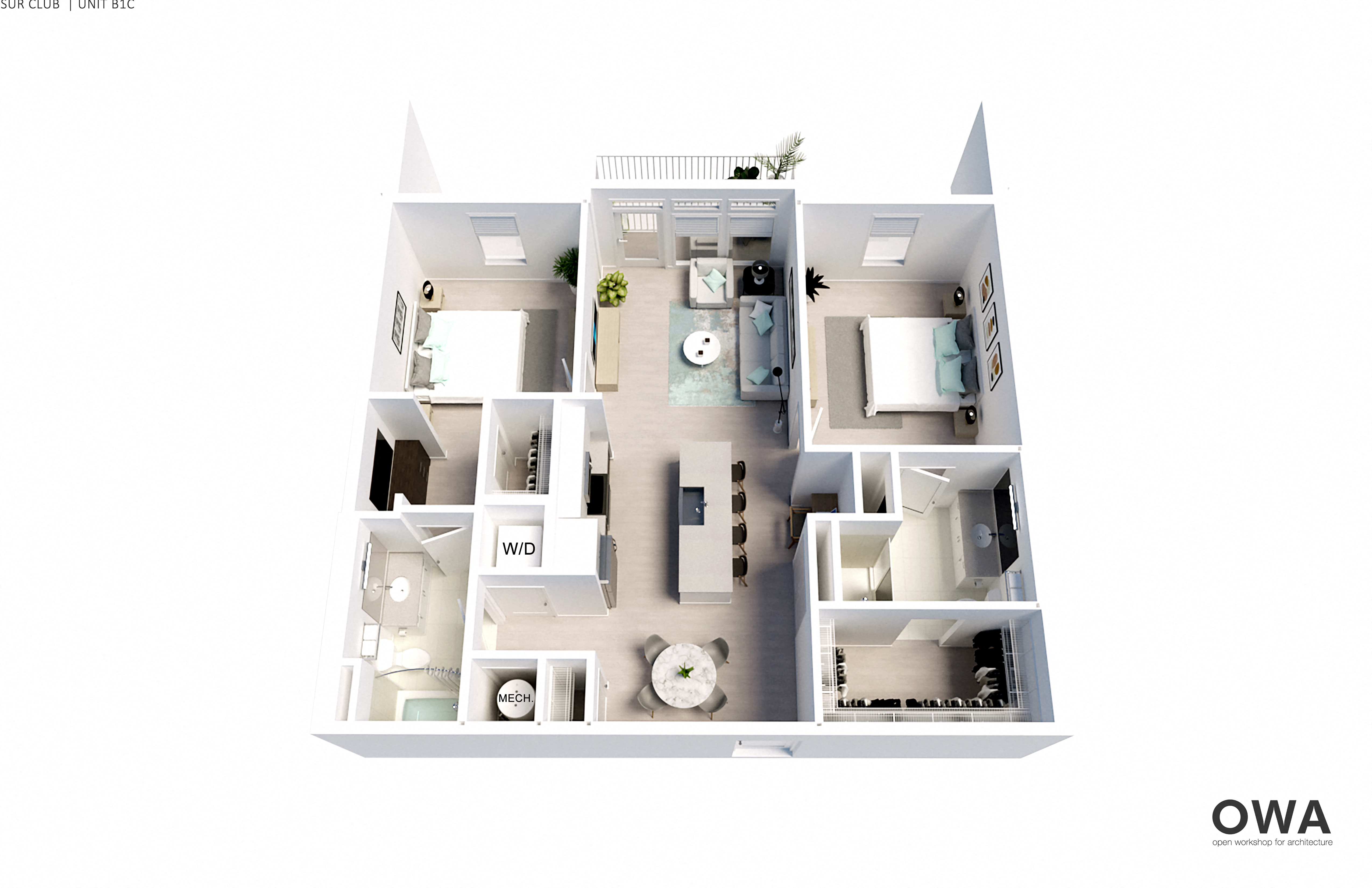 A white floor plan of a clubhouse with a kitchen, living room, and bathrooms.
