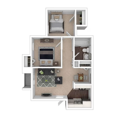 From the entry door at the bottom center, the dining area and kitchen are directly ahead on the right. To the left is the living room with balcony access. The first bedroom is at the top left, and the second bedroom is at the top right. The bathroom is positioned between the two bedrooms, accessible from the shared hallway.