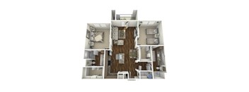 A 3D floor plan of a house with a living room, kitchen, dining room, and two bedrooms.