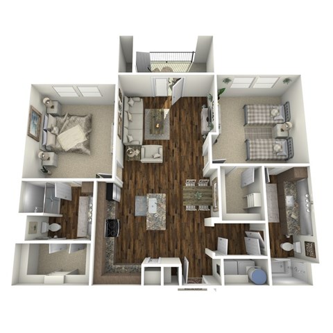 A 3D floor plan of a house with a living room, kitchen, dining room, and two bedrooms.