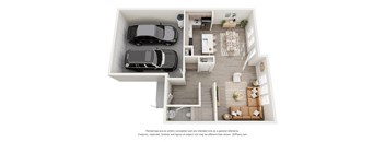 a stylized 3d floor plan with 3 bedrooms and a living room
