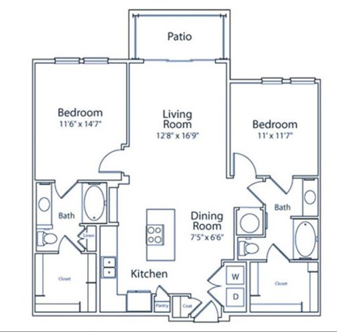 A floor plan of a house with three bedrooms, a living room, a dining room, a kitchen, a patio, and two bathrooms.
