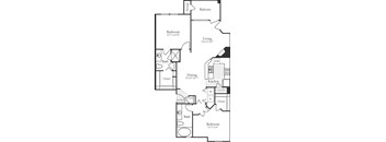 A floor plan of a home with a living room, dining room, kitchen, two bedrooms, and a storage area.