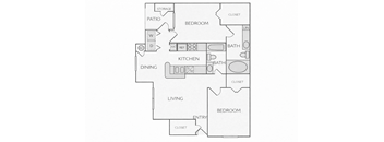 A floor plan of a house with a living room, dining room, kitchen, two bedrooms, a bathroom, a patio, and a storage area.