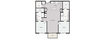A floor plan of a house with a living room, two bedrooms, a bathroom, a kitchen, a pantry, a wine bar, and a laundry area.
