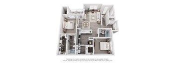 A 3D floor plan of a house with a kitchen, living room, and bedrooms.