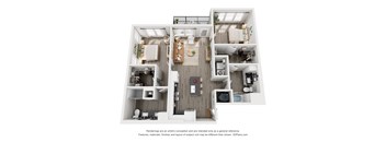 A 3D floor plan of a house with a kitchen, living room, and two bedrooms.