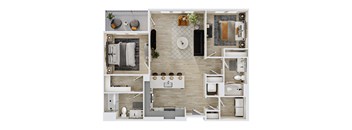 A top-down view of a modern apartment layout with a kitchen, living room, and bathroom.