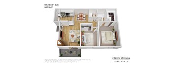 2 bedroom one bath floorplan  at Cashel Springs, Houston, Texas