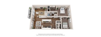 A 3D floor plan of a small apartment with a kitchen, living room, and bedroom.