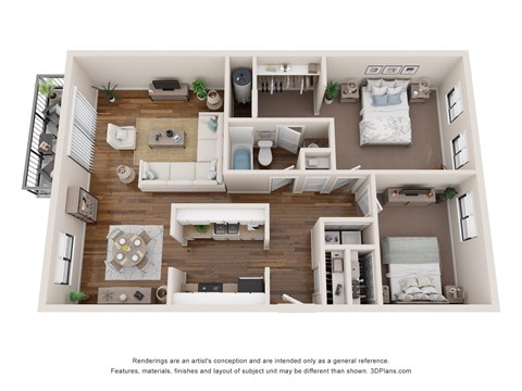 A 3D floor plan of a small apartment with a kitchen, living room, and bedroom.