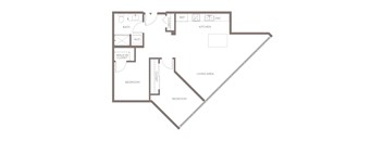A floor plan of a home with a living area, two bedrooms, a bathroom, a kitchen, a walk-in closet, and a laundry room.