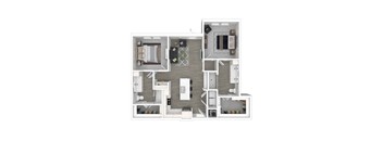 A top-down view of a modern apartment layout with a kitchen, living room, and bedrooms.