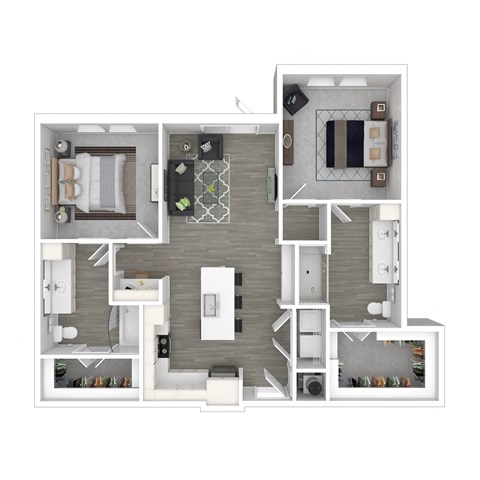 A top-down view of a modern apartment layout with a kitchen, living room, and bedrooms.