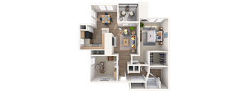 A 3D floor plan of a small apartment with a kitchen, living room, and bedroom.
