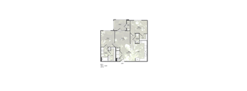 A floor plan of a house with a garage, living room, dining room, kitchen, and two bedrooms.