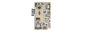 A floor plan of a small apartment with a kitchen, living room, and bedrooms.