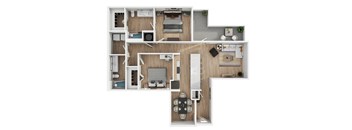 A top-down view of a small apartment with a kitchen, living room, and bedroom.