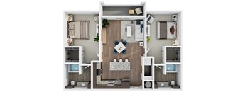 A top-down view of a modern apartment layout with a kitchen, living room, and two bedrooms.