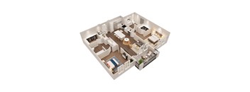 A 3D floor plan of a house with a living room, dining room, kitchen, and bedrooms.