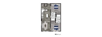 A floor plan of a 2 bedroom, 2 bathroom apartment.