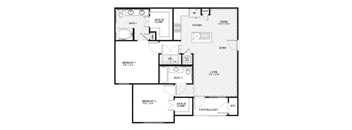 A black and white image of a house floor plan with two bedrooms, a living area, a kitchen, a pantry, a bathroom, and a walk-in closet.