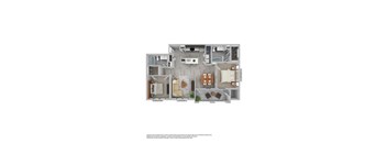 A floor plan of an apartment with a living room, dining room, kitchen, and two bedrooms.