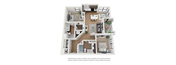 A 3D floor plan of a house with a kitchen, living room, bedrooms, and bathrooms.