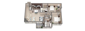 A 3D floor plan of a house with two bedrooms, a living room, a kitchen, and a bathroom.