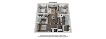 A 3D floor plan of a house with a kitchen, living room, and two bedrooms.