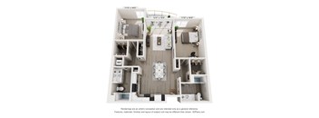 A 3D floor plan of a small apartment with a kitchen, living room, and two bedrooms.