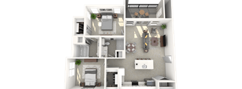 A 3D floor plan of a house with a kitchen, living room, and two bedrooms.