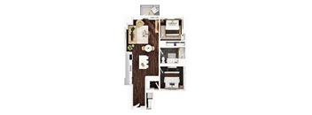 A top-down view of a small apartment with a kitchen, living room, and bathroom.