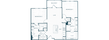 A floor plan of an apartment with two bedrooms, a living area, and a balcony.