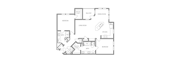 A floor plan of a house with a living room, dining room, kitchen, and two bedrooms.