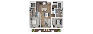 A top-down view of a house layout with a kitchen, living room, and bathrooms.