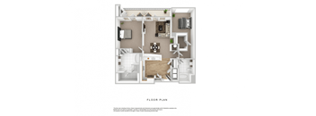 A floor plan of a house with a kitchen, living room, and two bedrooms.