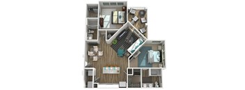A 3D floor plan of a small apartment with a kitchen, living room, and bedroom.