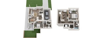 Two floor plans of a house with a car parked in the driveway.