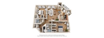 A 3D floor plan of a house with a kitchen, living room, and bathrooms.