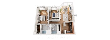 A 3D floor plan of a small apartment with a living room, kitchen, and two bedrooms.