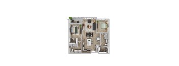 A top-down view of a modern apartment layout with a kitchen, living room, and two bedrooms.
