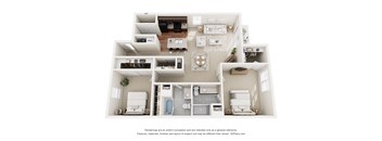 A 3D floor plan of a house with a kitchen, living room, and bathroom.