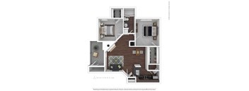 A floor plan of a house with a living room, kitchen, and two bedrooms.