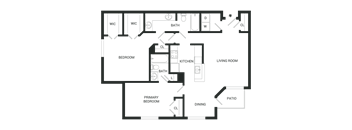 A floor plan of a house with a living room, kitchen, dining room, and two bedrooms.