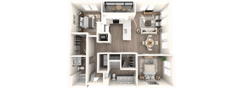 A 3D floor plan of a house showing the layout of the rooms.